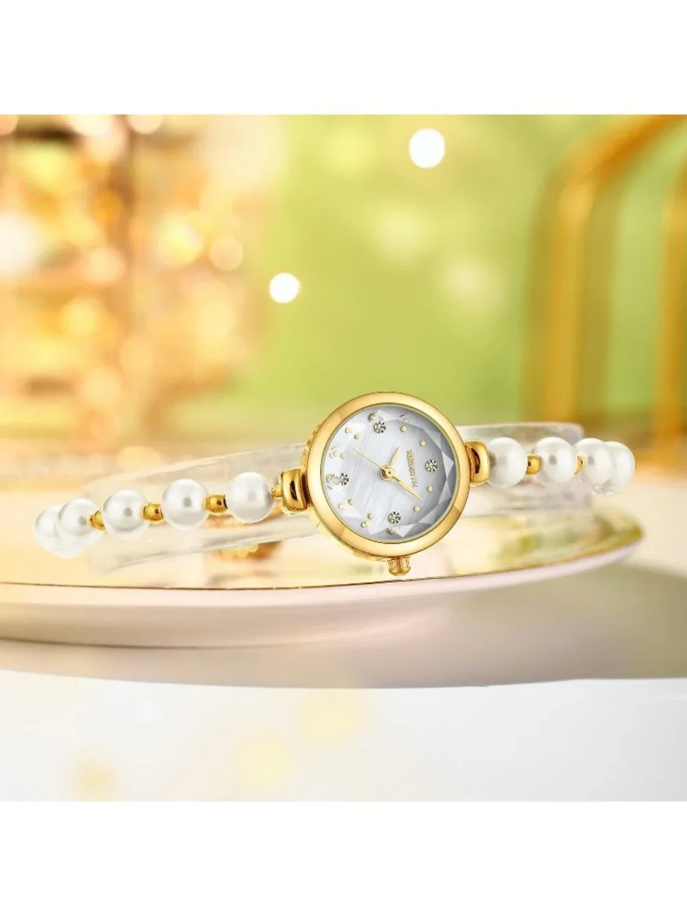 Women's Gold Analog Quartz Adjustable Slider Clasp Pearl Bracelet Wrist Watch
